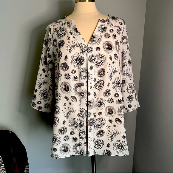 Worthington 2X Gray White Two-Toned V-Neck 3/4 Sleeve Blouse Top - Picture 1 of 12
